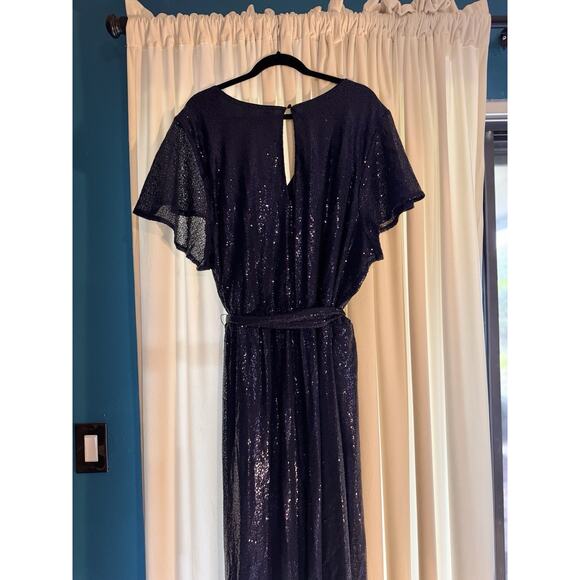 LANE BRYANT MARITIME BLUE SEQUIN FLUTTER SLEEVE WIDE LEG JUMPSUIT SZ 26/28 GLAM - Picture 10 of 14